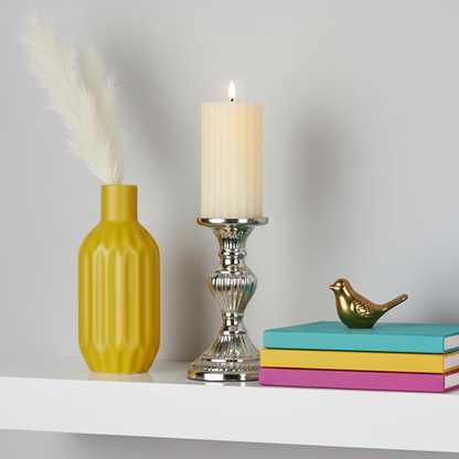 Cream LED Wick Carved Wax Candle with Melted Top 17.3cm x 7.5cm