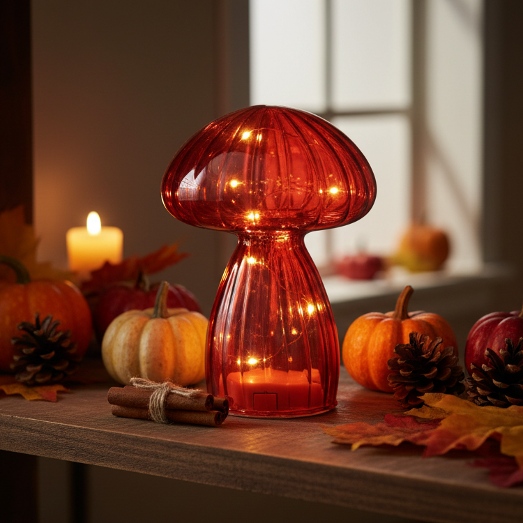 Micro LED Burnt Orange Glass Mushroom Decoration 16.5cm