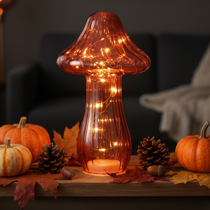 Micro LED Burnt Orange Glass Mushroom Decoration 25cm