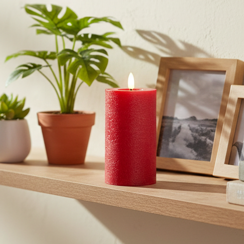 Red LED Wick Flat Top Wax Candle 15cm x 7cm