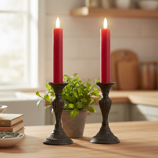 Set of 2 Red LED Wick Flat Top Wax Dinner Candle