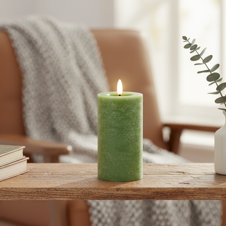 Green LED Wick Flat Top Wax Candle 15cm x 7cm