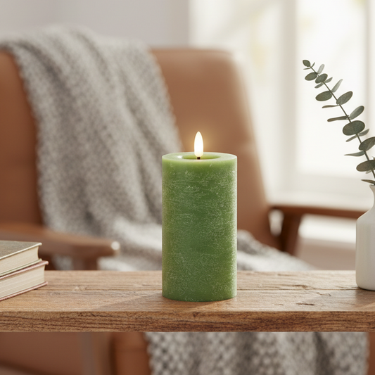 Green LED Wick Flat Top Wax Candle 15cm x 7cm