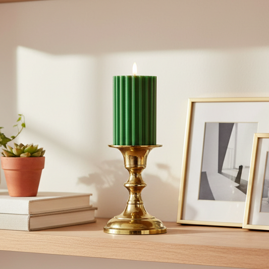 Green LED Wick Carved Wax Candle with Melted Top 14.8cm x 7.5cm