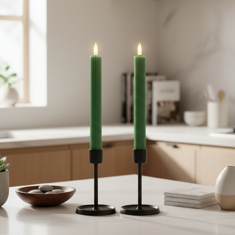Set of 2 Green LED Wick Carved Wax Dinner Candle