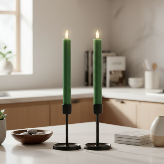 Set of 2 Green LED Wick Carved Wax Dinner Candle
