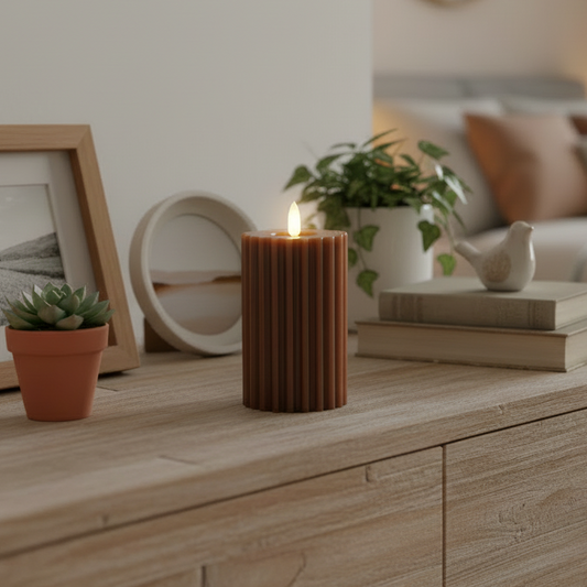 Brown LED Wick Carved Wax Candle with Melted Top 14.8cm x 7.5cm