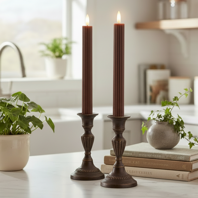 Set of 2 Brown LED Wick Carved Wax Dinner Candle