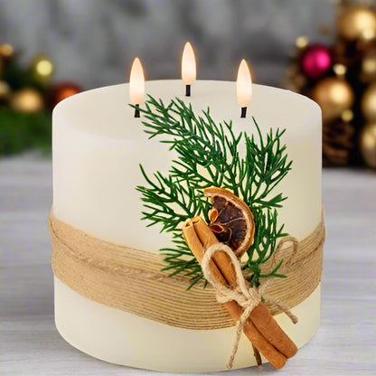 Cream LED 3 Wick Wax Candle with Leaf Decoration