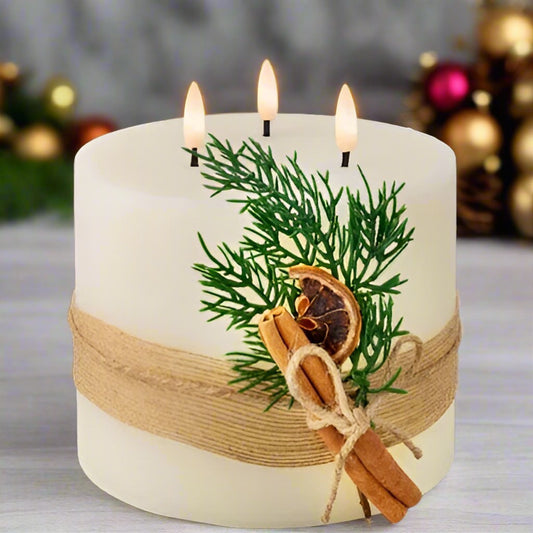 Cream LED 3 Wick Wax Candle with Leaf Decoration
