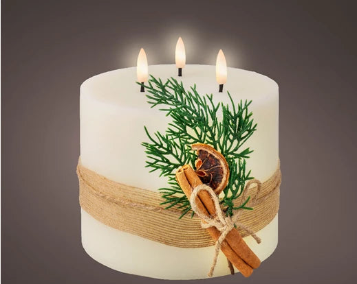 Cream LED 3 Wick Wax Candle with Leaf Decoration
