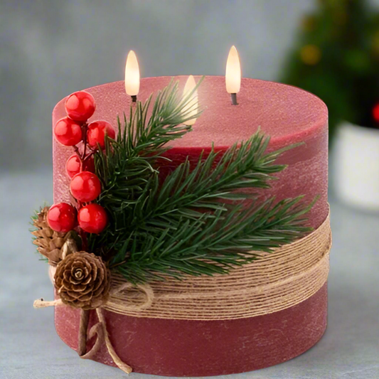 Red LED 3 Wick Wax Candle with Foliage Decoration
