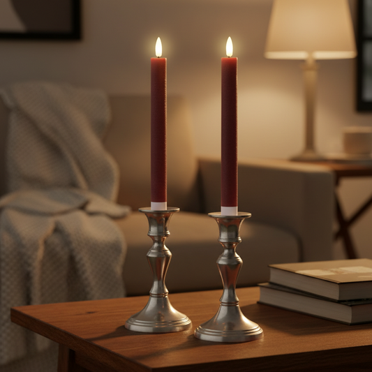 Set of 2 Oxblood Flat Top LED Wax Dinner Candle
