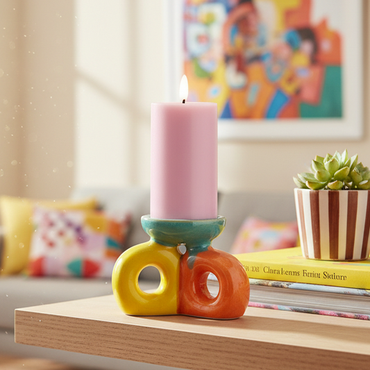 Colorful ceramic candle holder with a pink candle on a wooden surface, with a blurred background of a living room.