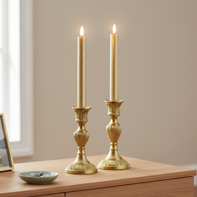Set of 2 Gold Flat Top LED Wax Dinner Candle