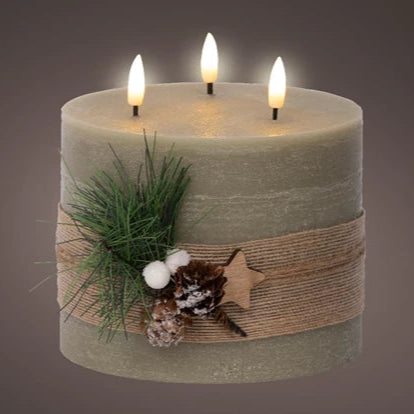 Green LED 3 Wick Wax Candle with Foliage Decoration