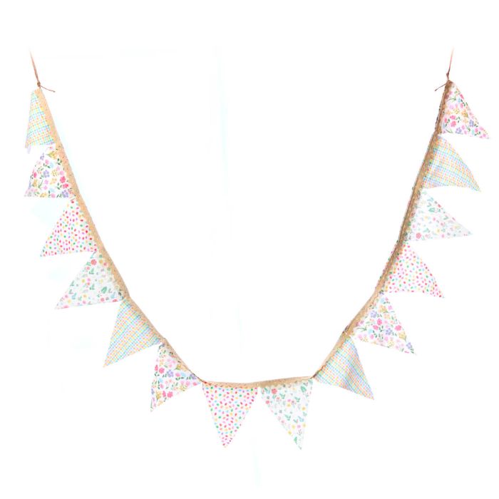 Decorative bunting with colorful triangular flags on a white background