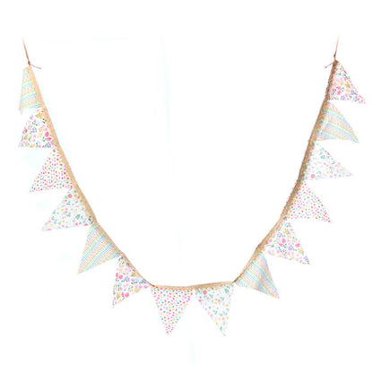 Decorative bunting with colorful triangular flags on a white background