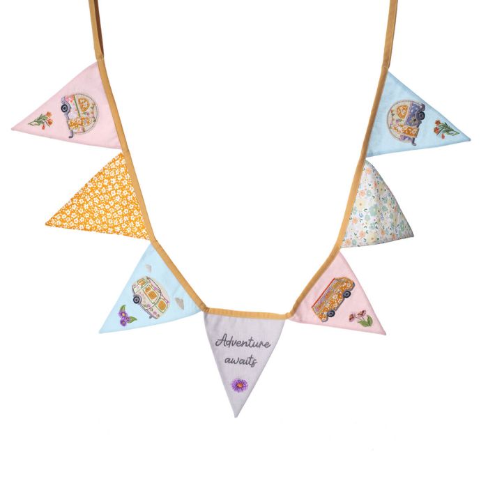 Colourful triangle banner with caravans and text on a white background