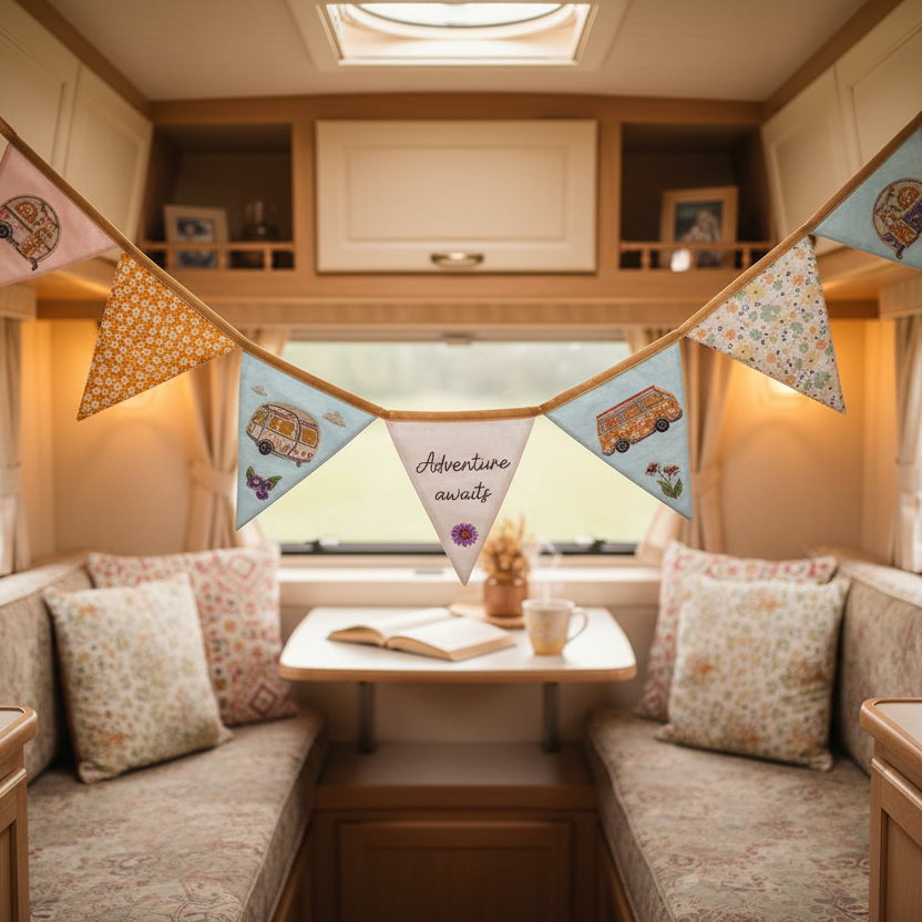 Interior of a cosy caravan with a table, chairs, and decorative bunting.