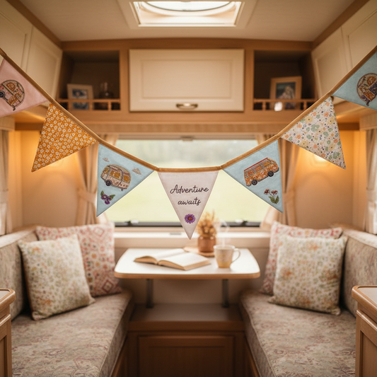 Interior of a cosy caravan with a table, chairs, and decorative bunting.
