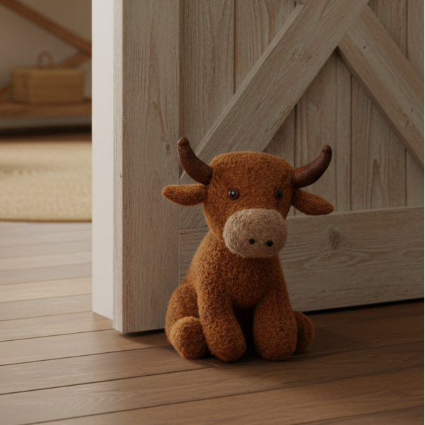 Brown stuffed highland cow door stop on a wooden floor with a wooden door in the background