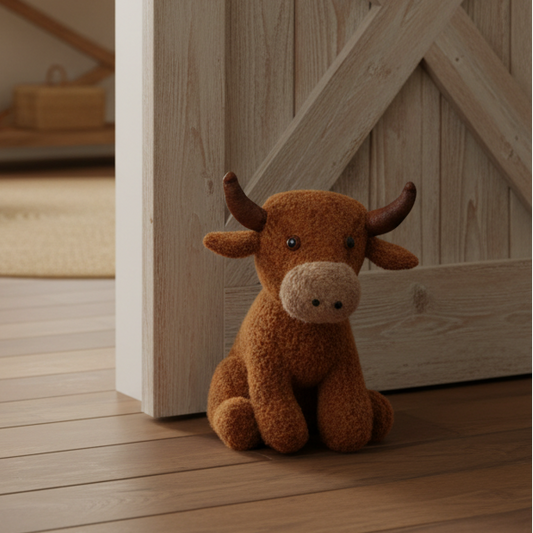 Brown stuffed highland cow door stop on a wooden floor with a wooden door in the background