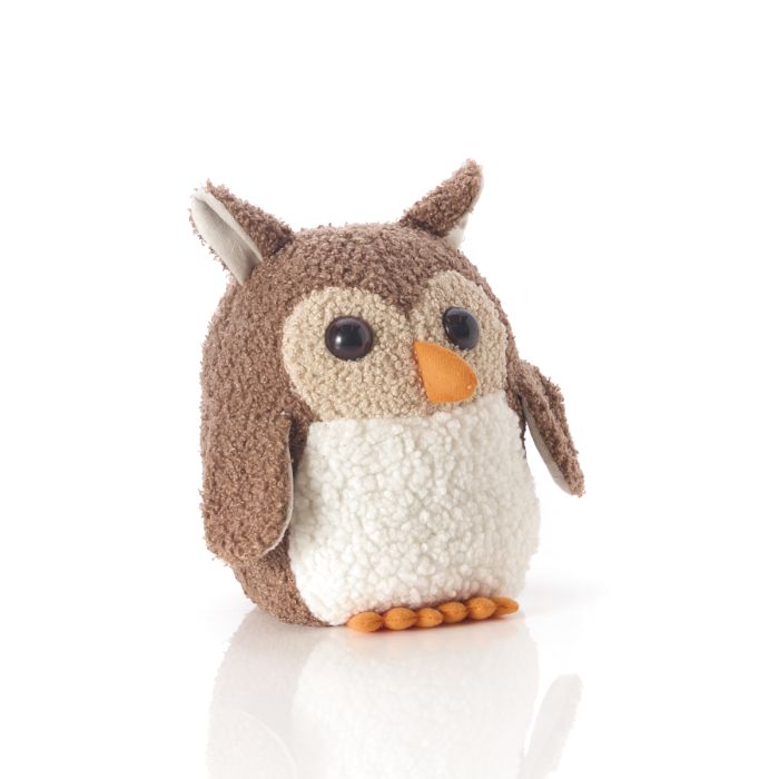 Plush owl door stop with brown and white colours on a white background
