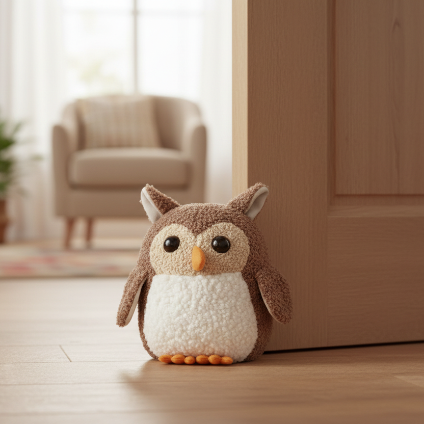 Plush owl door stop standing on a wooden floor in front of a door in a room with a sofa and plant.