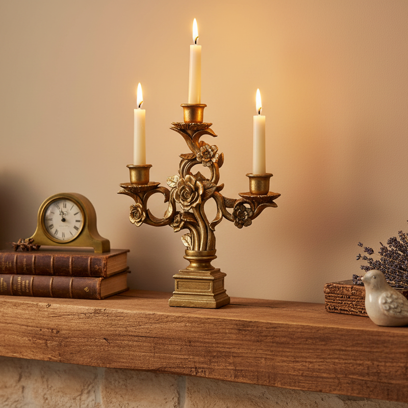 Decorative gold candelabra with lit candles on a wooden surface, with books and a small clock in the background.