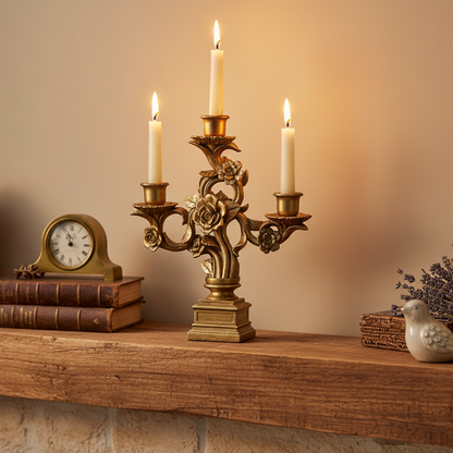 Decorative gold candelabra with lit candles on a wooden surface, with books and a small clock in the background.