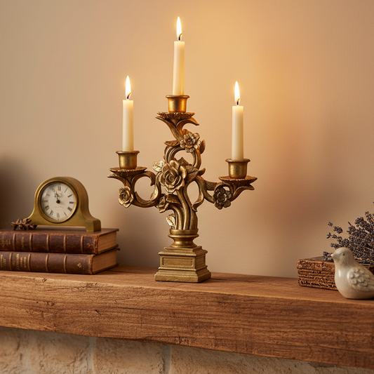 Decorative gold candelabra with lit candles on a wooden surface, with books and a small clock in the background.