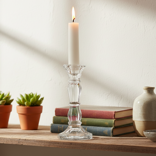 Candle in a glass holder on a wooden surface with books and plants in the background