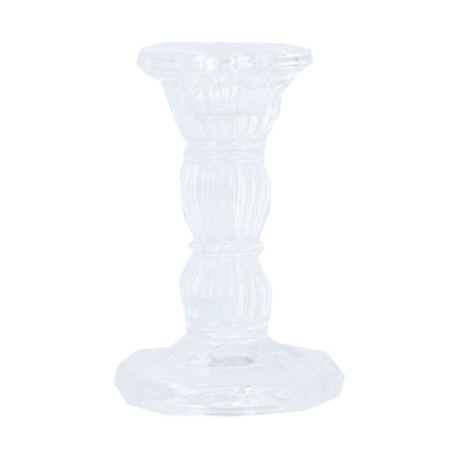 A clear glass candlestick holder with a vintage design, featuring a series of vertical ridges and a flared base.
