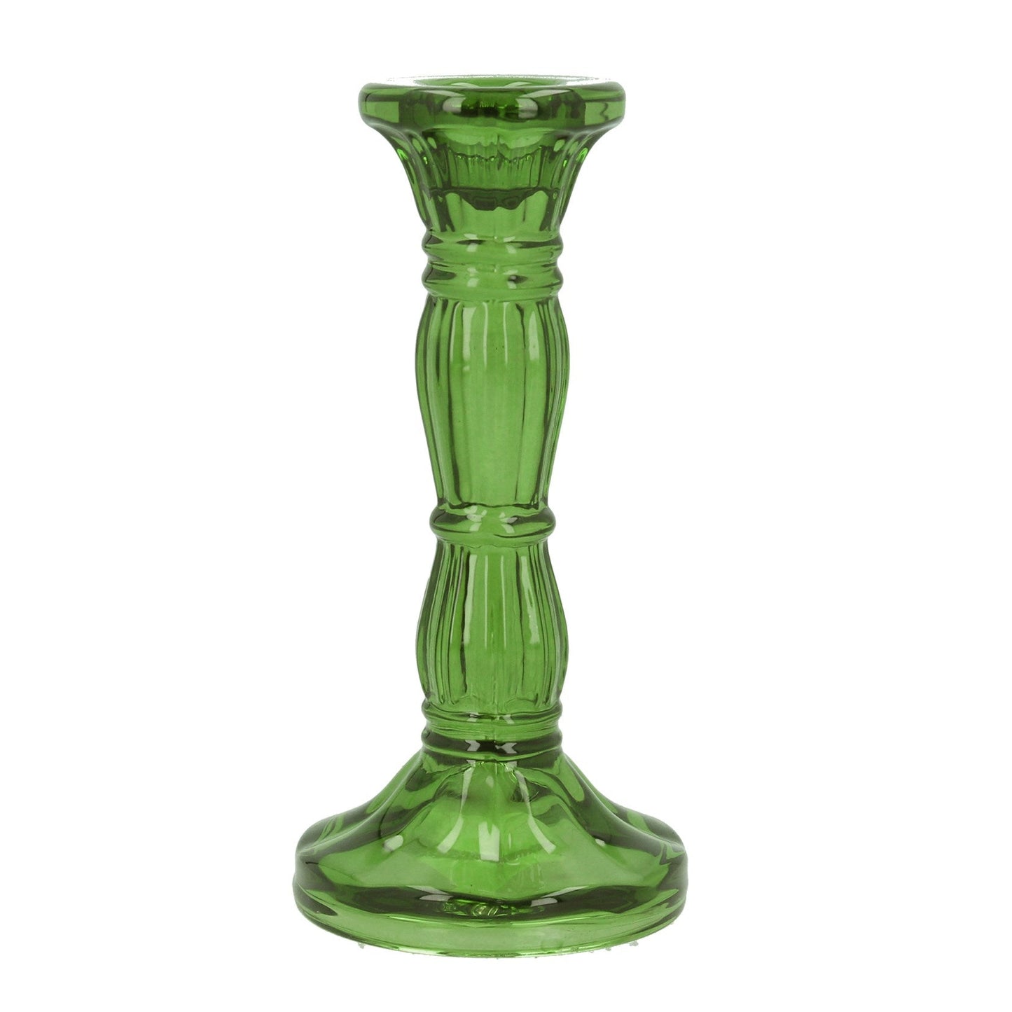 Green glass candle holder on a white background