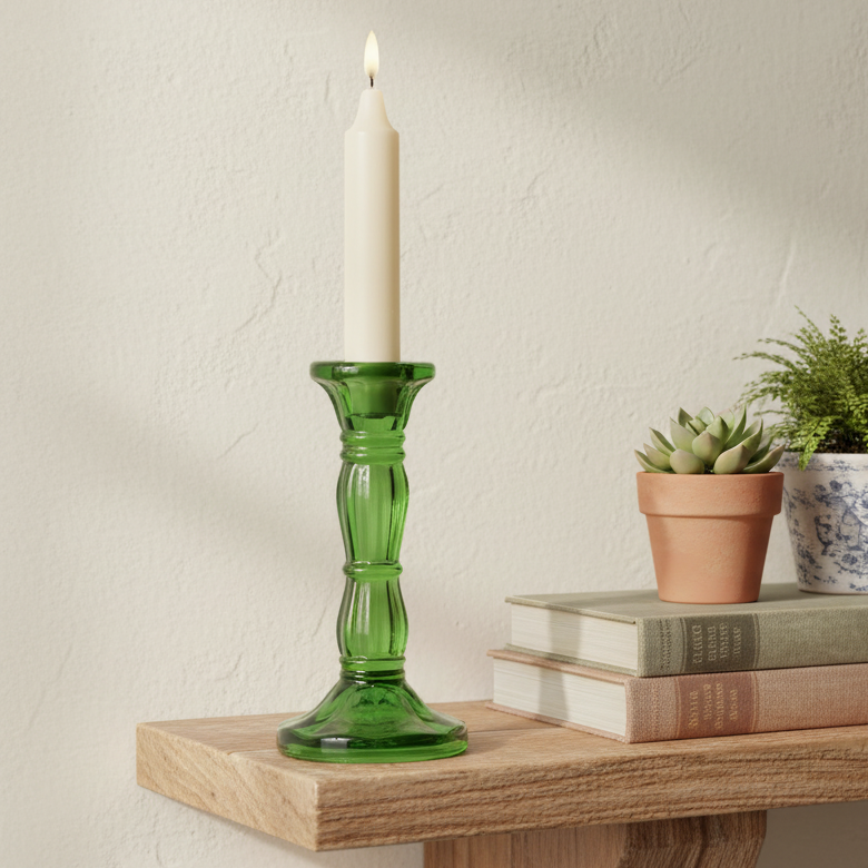 Green glass candlestick with a lit candle on a wooden surface with books and plants.