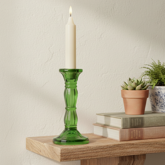 Green glass candlestick with a lit candle on a wooden surface with books and plants.