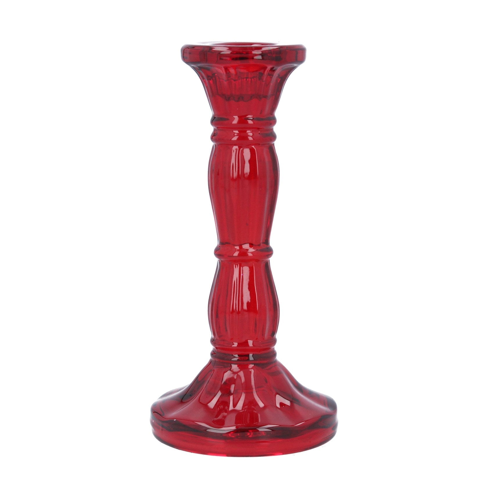 Red glass candle holder on a white background