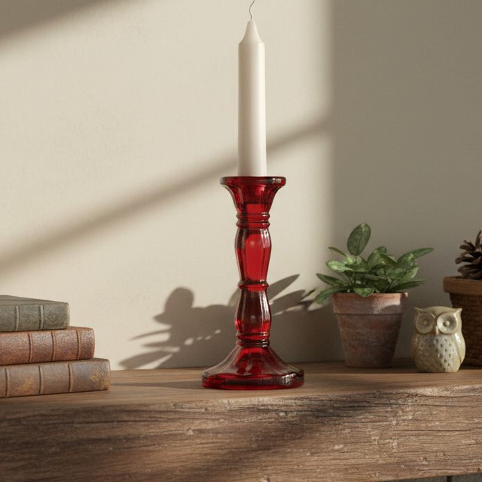 Red glass candlestick with a white candle on a wooden surface, surrounded by books and plants.