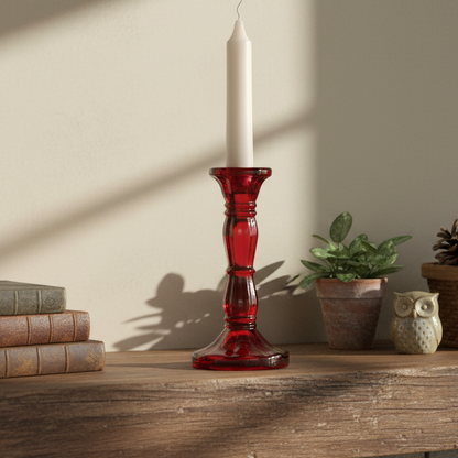 Red glass candlestick with a white candle on a wooden surface, surrounded by books and plants.
