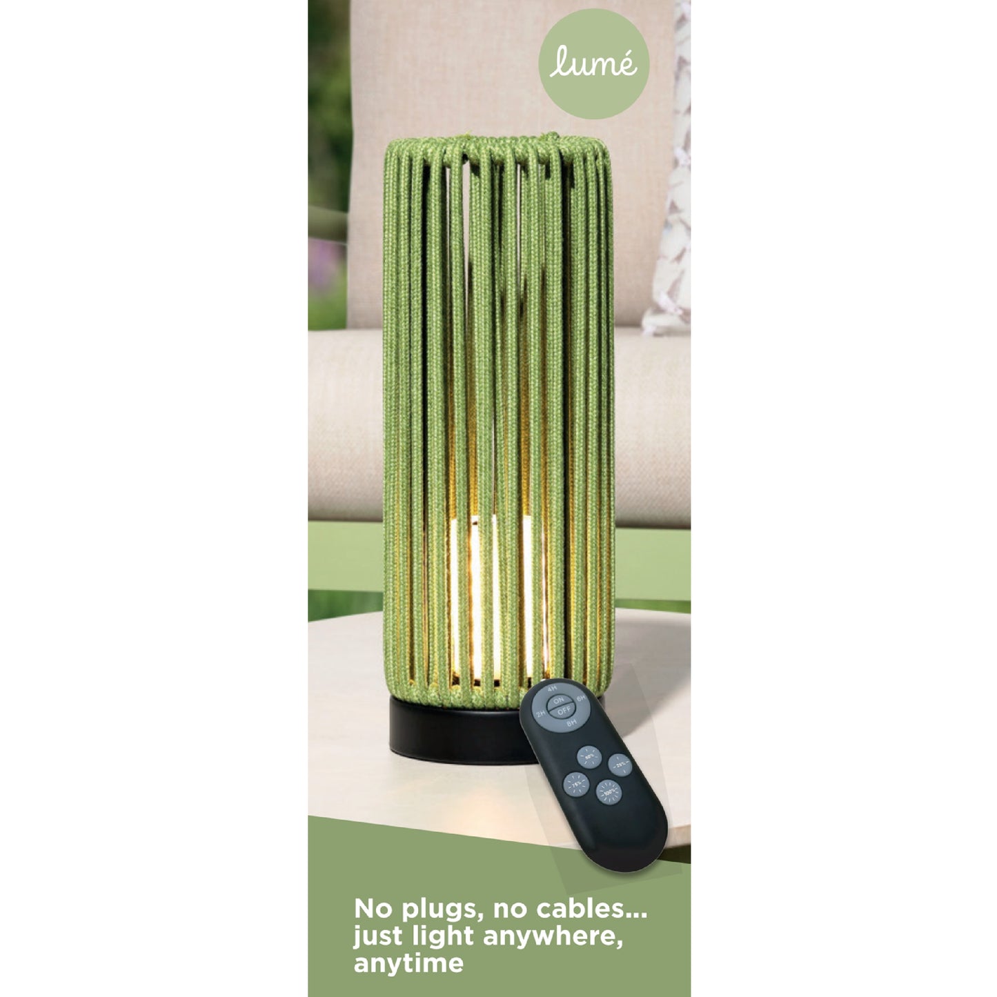 Green lamp with remote control on a white background, featuring the brand 'lumé'.