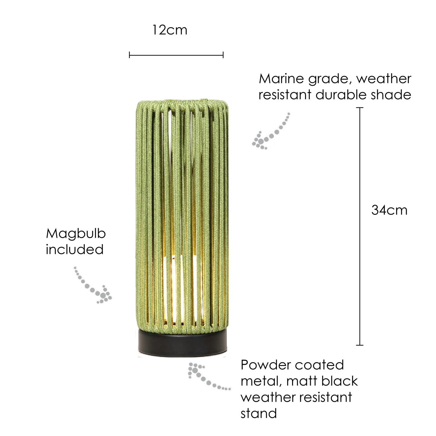 Green outdoor lamp with dimensions and material details on a white background