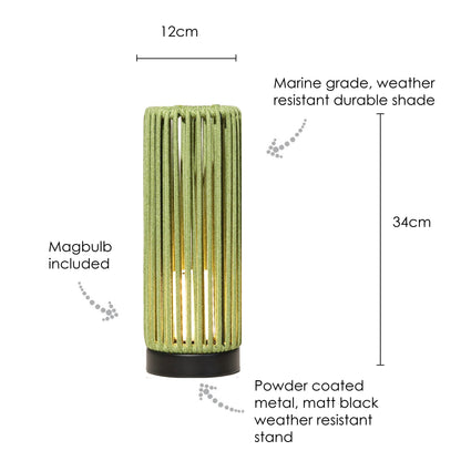 Green outdoor lamp with dimensions and material details on a white background