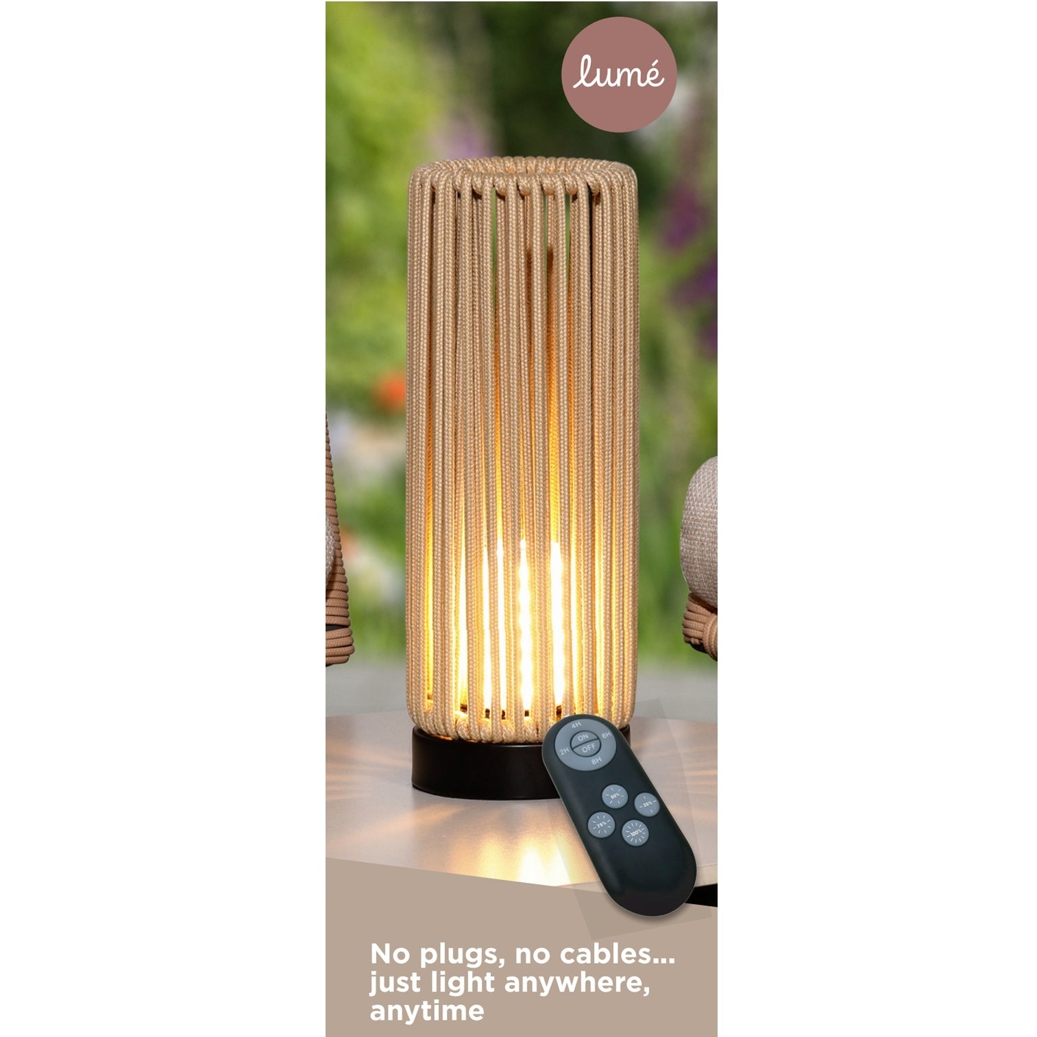 Wicker outdoor lamp with remote control on a blurred background