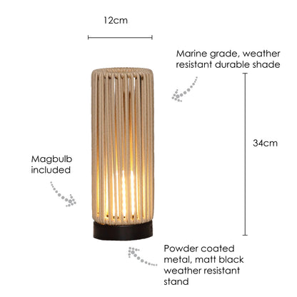 Outdoor lamp with dimensions and features highlighted on a white background