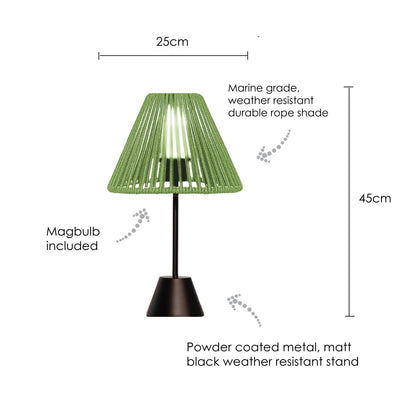 Green outdoor lamp with dimensions and features on a white background