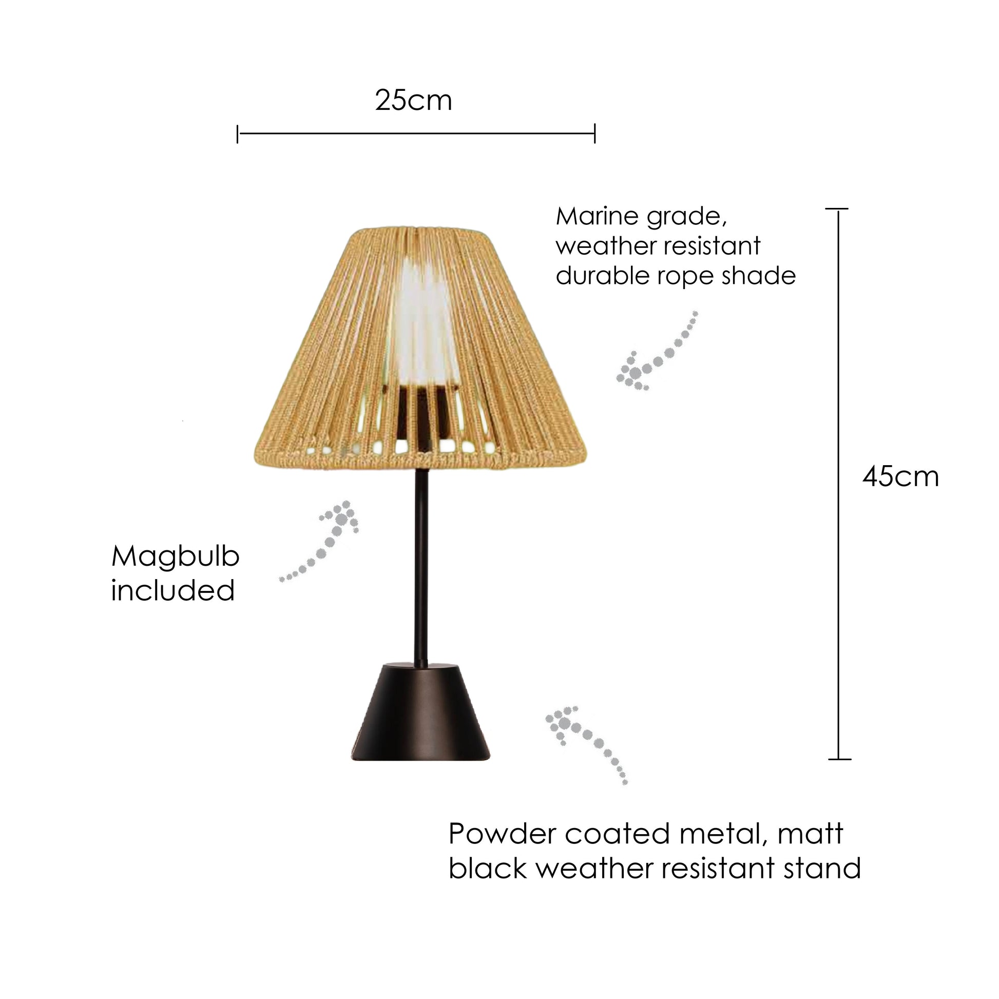 Table lamp with measurements and features on a white background