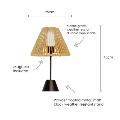 Table lamp with measurements and features on a white background