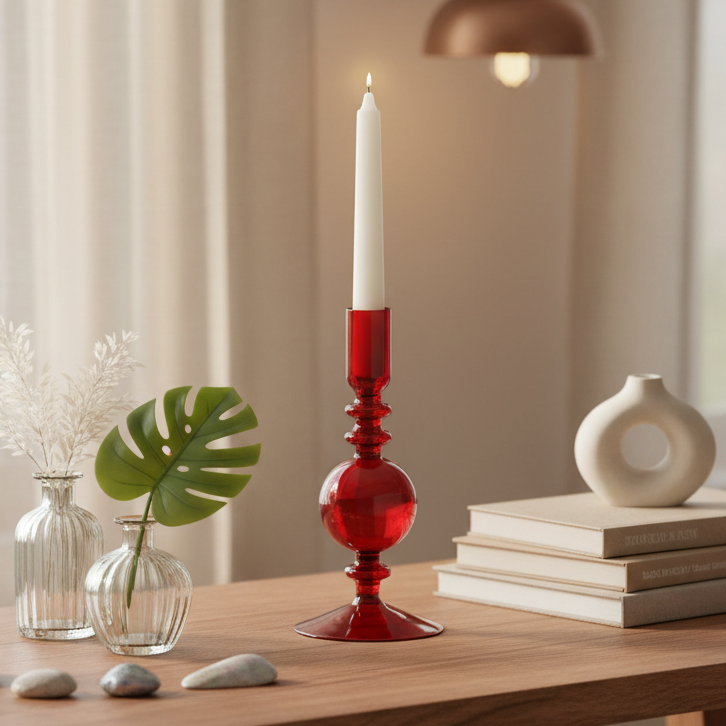 Red Transparent Glass Candle Holder 19cm