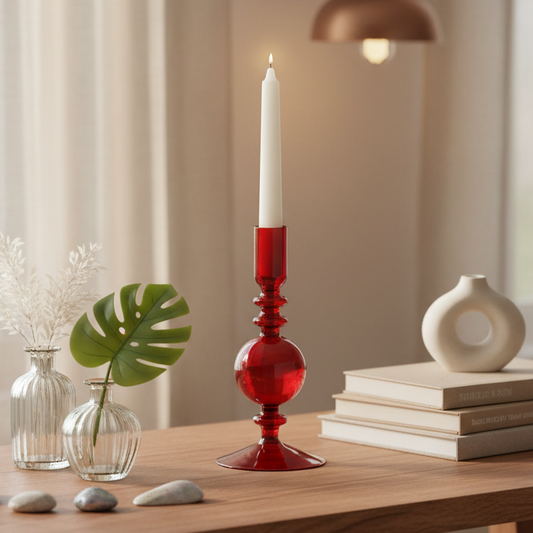 Red Transparent Glass Candle Holder 19cm